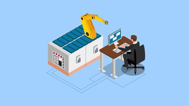 engineer controlling robotic arm in smart factory with VR glasses 3d animation cartoon