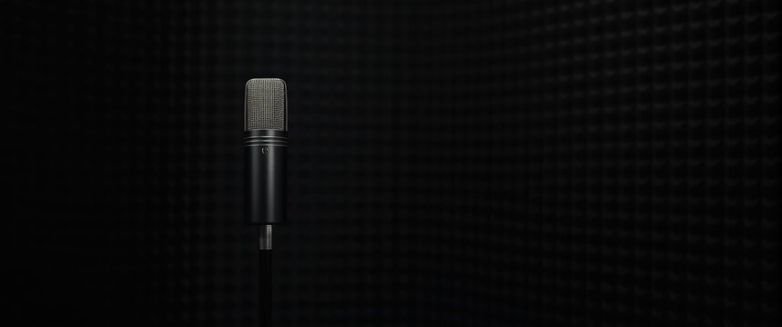 Audio recording studio microphone positioned before black soundproof wall with copy space