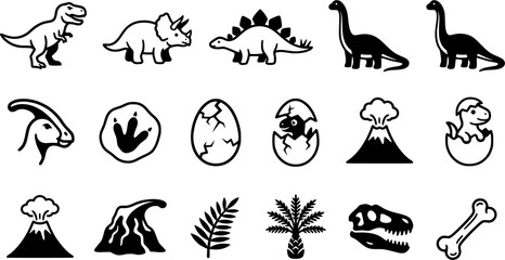 Obraz premium Cute Dinosaur Line Art Icon Set Featuring T Rex Triceratops Stegosaurus Brontosaurus Fossil Egg Volcano Bone and Prehistoric Plants Vector Collection