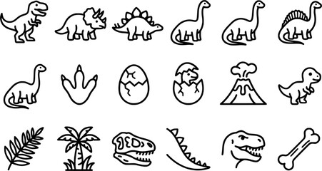 Obraz premium Cute Dinosaur Line Art Icon Set Featuring T Rex Triceratops Stegosaurus Brontosaurus Fossil Egg Volcano Bone and Prehistoric Plants Vector Collection