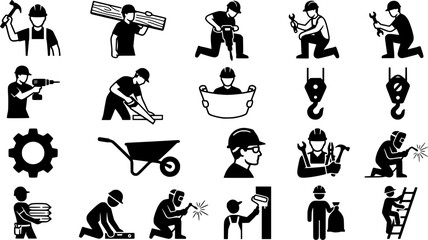 Obraz premium Construction Workers and Engineering Black Silhouette Icon Set Featuring Builders Welders Surveyors Tools Machinery and Industrial Labor Vector Collection