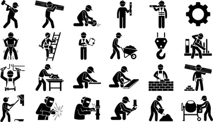 Obraz premium Construction Workers and Engineering Black Silhouette Icon Set Featuring Builders Welders Surveyors Tools Machinery and Industrial Labor Vector Collection