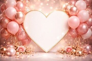 Obraz premium Romantic heart greeting card with golden trim and pink balloon clusters for special occasion backdrops