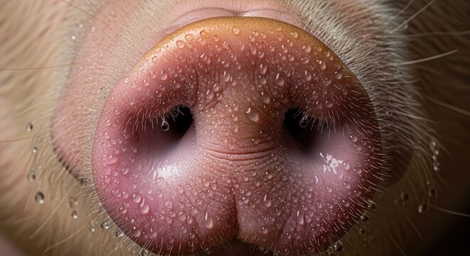 Close-up extreme macro shot of a wet pig snout with water droplets.