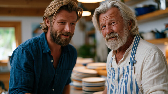 Adult son helping aging father sort kitchen items into keep and donate piles on countertop, warm indoor lighting, generations navigating downsizing process together, stacks of plates and cookware mi
