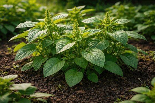 Thriving amaranthus viridis leaves developing well in garden soil