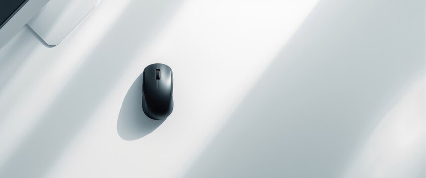 Aerial image of a black wireless computer mouse on a minimalist white workspace
