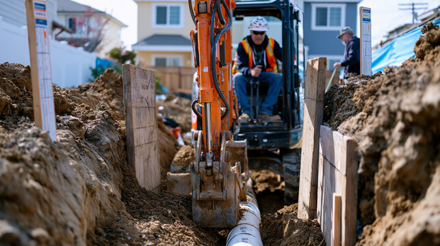 Excavator operator in cab guides bucket around underground plumbing rough-in trench as utility crew lays sanitary sewer pipe bedding, shoring panels stabilizing trench walls, soil boring logs staked