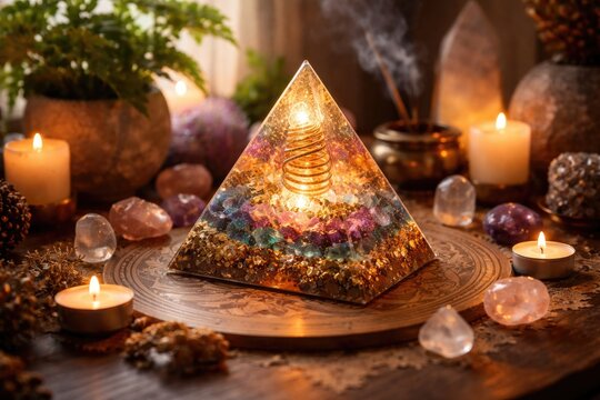 Positive energy Orgonite pyramid altar positioned in home for spiritual energy cleansing