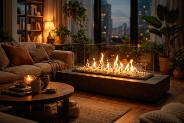 Fototapeta premium Renewable fuel bio fireplace lighting up a trendy apartment with inviting indoor warmth