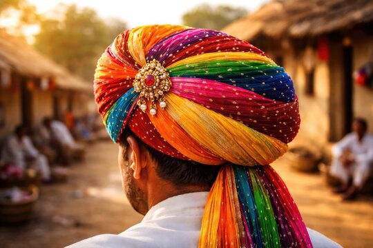 Traditional safa turban in bright colors symbolizing village pride