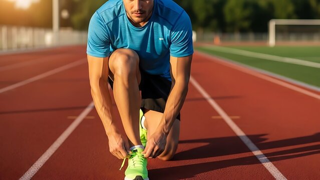 "A fit man in blue athletic wear crouching on a red running track, tying bright neon green running shoes, focused expression, sports photography style"