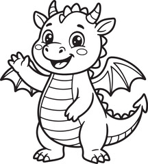 Fototapeta premium Dragon coloring page for kids. Cute cartoon dragon illustration. Mythical creature line art. Coloring book page vector. Black and white dragon outline. Fantasy animal activity sheet. Printable dragon 
