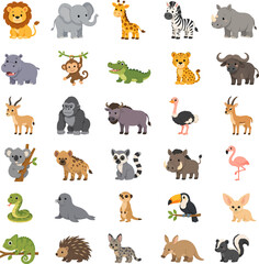 Obraz premium Cute cartoon wild animal collection, ideal for children's educational content, playful graphic designs, and engaging learning resources, featuring diverse global wildlife