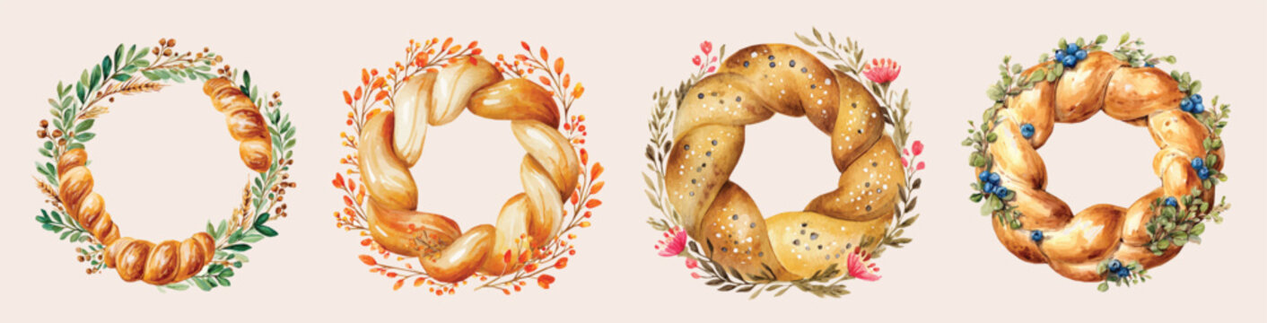 Vector set. Illustration of festive bread wreath painting design set, Hand-painted style, vectorized, vector set available in EPS, Simple Hand-painted watercolor style