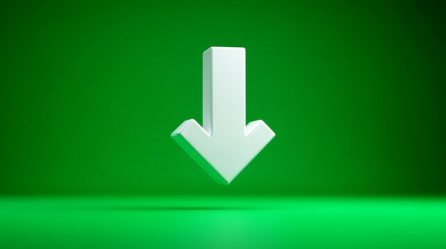 White 3D Arrow Pointing Down on Green Gradient Background.