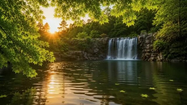 Green Maple Waterfall at Sunset with Reflective Pond and Floating Leaves Loop Background HD