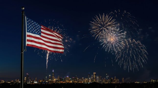 Patriotic American flag waving at night with distant fireworks sparkles and bursts against a city skyline, wide-angle cinematic celebration background with copy space.