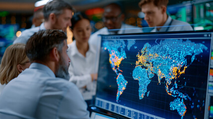 Fototapeta premium World map data points glowing on a translucent acrylic panel mounted in a hospital emergency operations center, group of administrators clustered around the display tracking patient transfer volumes