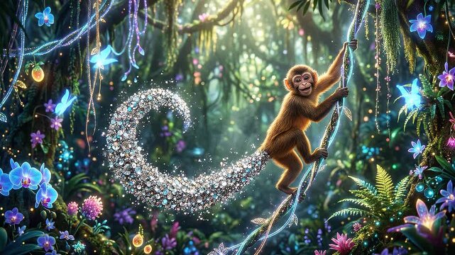 Magical Monkey Swings Through Enchanted Forest with Sparkle Tail.