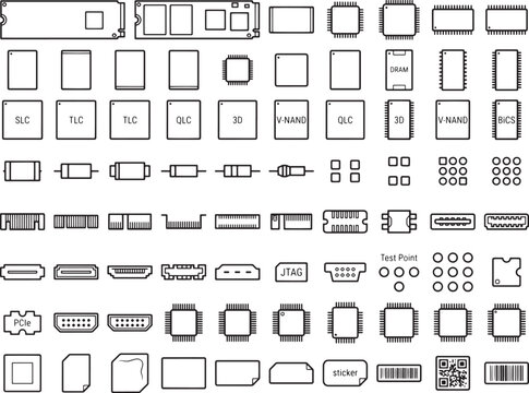 A collection of line-art icons representing various computer components and electronic parts.