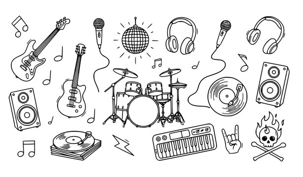 Music doodle icon bundle with instruments disco and rock symbols vector set