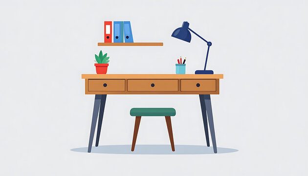 Pixel art desk setup with lamp, office supplies and potted plant, retro computer graphic style for home office or study
