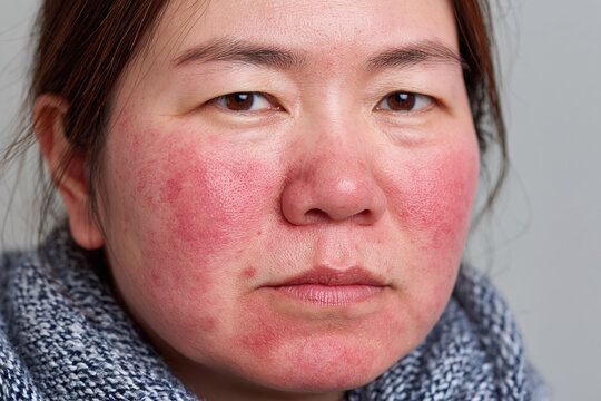 Red irritated facial skin with redness and inflammation across cheeks and nose, close up of adult female with winter scarf showing environmental skin irritation and discomfort