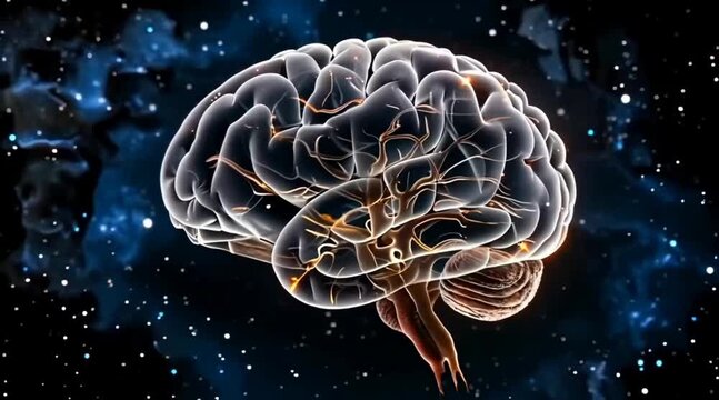 Anatomical illustration of a human brain with neural network connections in a cosmic background
