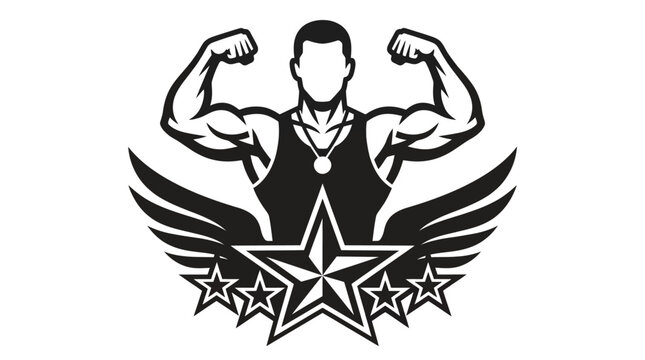 Vector graphic illustration Muscular man flexing with star wings