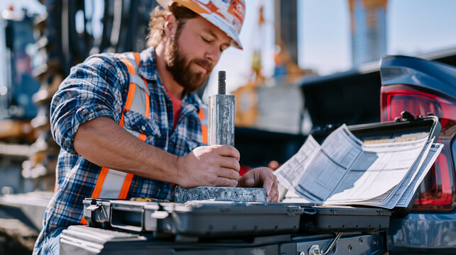 Material testing technician performing compressive strength cylinder break on concrete sample beside pile driver rig at deep foundation site, field lab kit open on tailgate of pickup truck, geotechn