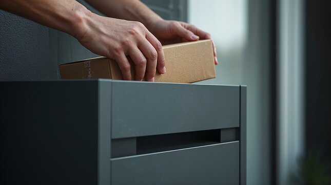 Close-up of courier's bare hands placing a parcel inside a smart delivery drop-box