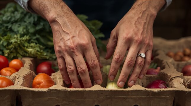 Farmer's bare hands organizing fresh vegetables inside a biodegradable pulp carton