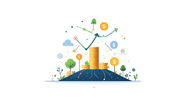 Pixel art growth chart with stack of gold coins and rising financial graph, concept for investment and business success, elements of trees and clouds