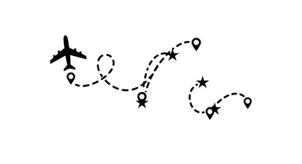 Obraz premium Airplane flight path doodle with map pins and star icons.