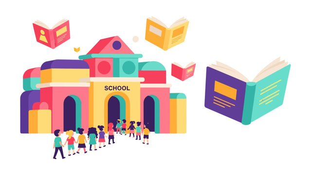 School of Knowledge: Children line up to enter a vibrant school building, with open books floating around, symbolizing education and learning.