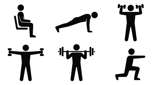 Vector graphic illustration Black silhouette icons of people doing various gym exercises