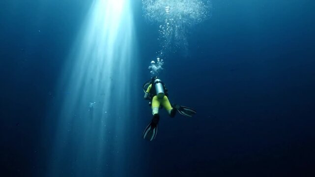 A lone diver exploring the depths of the ocean, illuminated by a sunbeam piercing the blue abyss