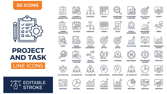  Contain icons related to Project, task, and more. Project and Task icon set.Editable stroke. vector illustration
