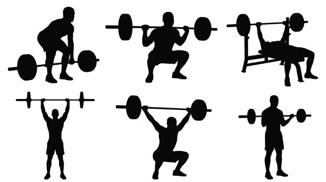 Vector graphic illustration Black silhouette of weightlifters performing various exercises