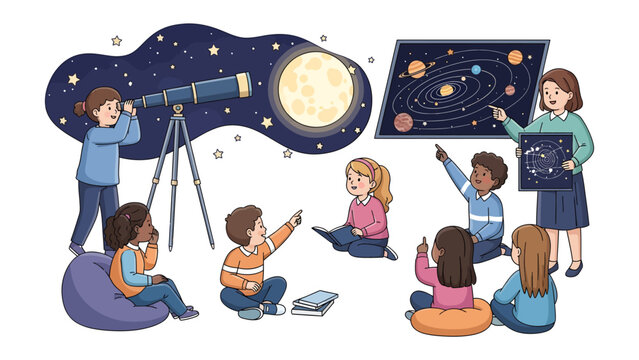 Celestial Exploration for Young Minds: Children gather around a teacher, eager to learn about the cosmos as they gaze through a telescope at the moon and study a solar system chart.