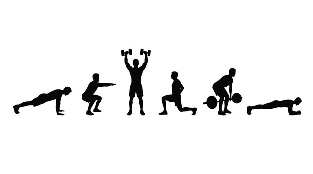 Vector graphic illustration Black silhouettes of people doing various exercises