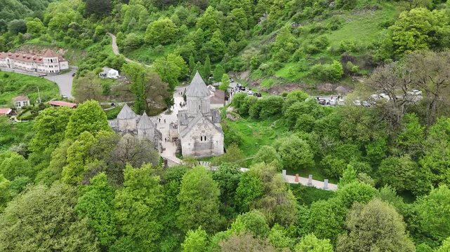 4K UHD Drone Aerial View of Haghartsin Monastery Hidden in Lush Forested Mountains.