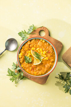 Homemade Corn Chowder in a Bowl, top view. Flat lay, overhead, from above. Close-up.