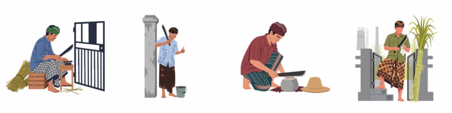 Set of flat illustrations featuring Indonesian men in traditional sarongs and headgear sharpening machetes and working in agricultural and industrial environments.