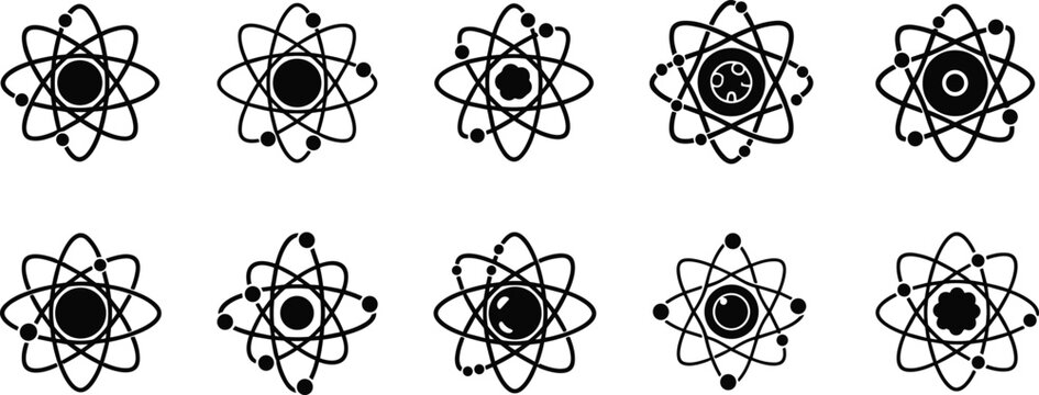 Atomic structure silhouette icons set, science molecule orbit design, physics chemistry concept, black vector illustration, isolated educational symbol