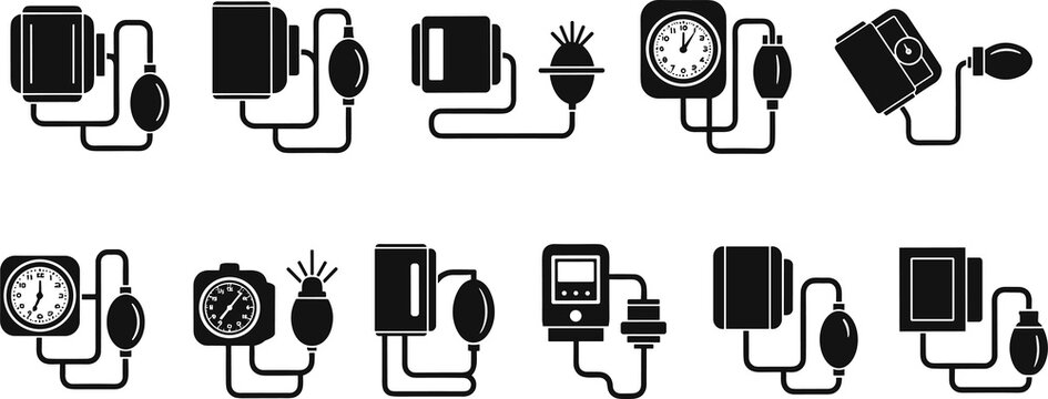 Black silhouette blood pressure monitor icon collection featuring multiple unique designs minimalistic medical illustration representing sphygmomanometers healthcare devices and diagnostics