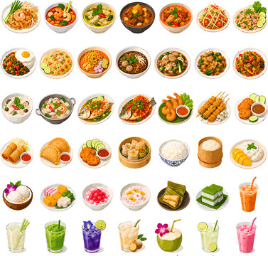 A vibrant collection of Japanese cuisine, showcasing traditional dishes like sushi, ramen, tempura, and bento boxes, alongside savory skewers and sweet mochi desserts