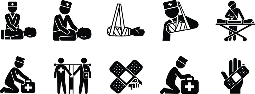 Black silhouette first aid icon collection featuring ten unique designs minimalistic medical illustration representing CPR sling stretcher crutches bandages and care