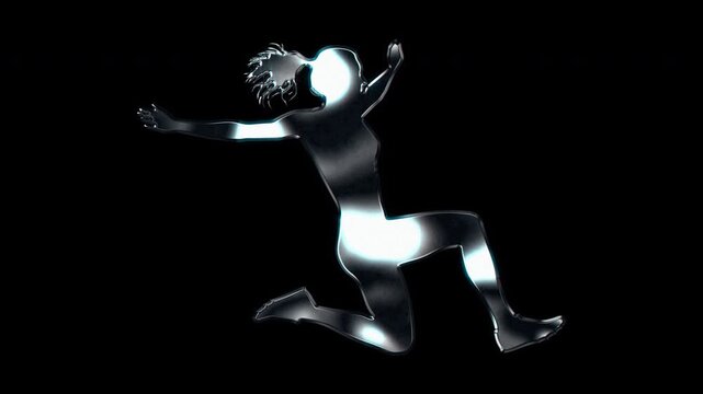 Silver metallic female athlete performing long jump silhouette. Alpha channel. Seamless loop video.